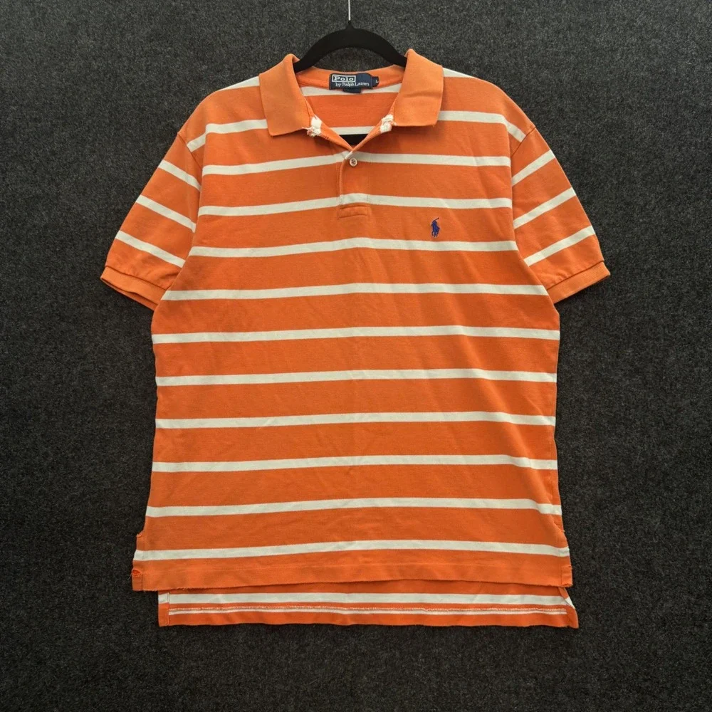 Vintage Polo Ralph Lauren Mens Orange White Striped Cotton Polo Shirt Large